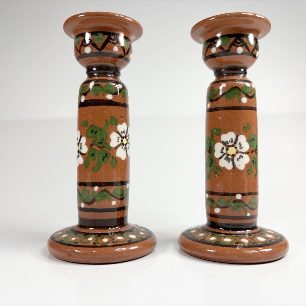 Vtg Hand Made Folk Art Candle Holders Made In Cyprus Glazed Brown Floral Design